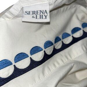 Serena & Lily sky and navy blue embroidered circles waves trim Queen flat sheet